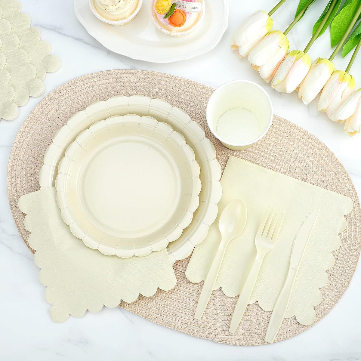 25 Set Party Plates and Cups and Napkins Ivory Scalloped Dinnerware