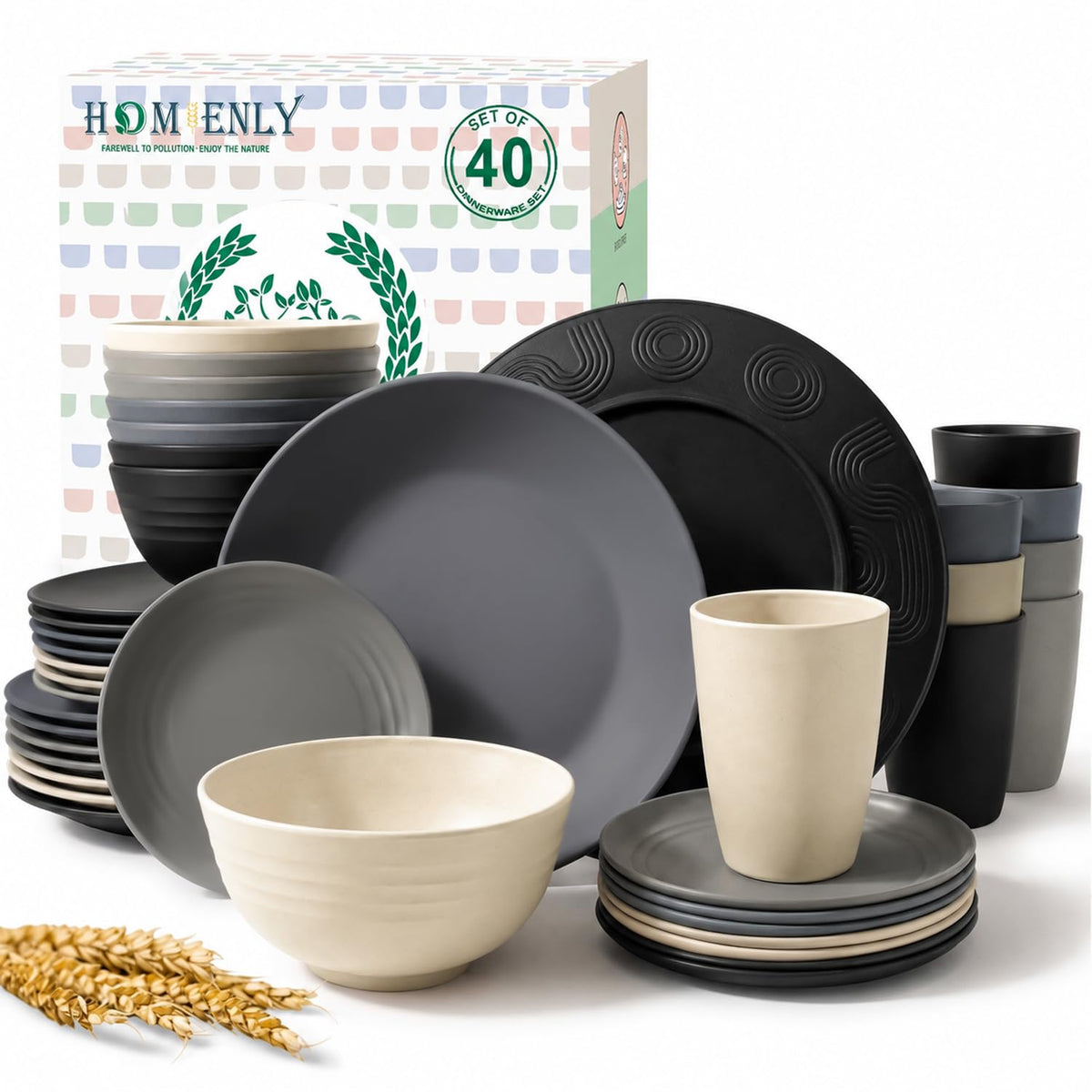 Homienly Wheat Straw Dinnerware Sets 20 PCS Plates and Bowls Sets Microwave and Dishwasher Safe Dish Set Unbreakable Camping Dish Set Cups and Plates Sets for Kitchen, Picnic, RV (Multilight)