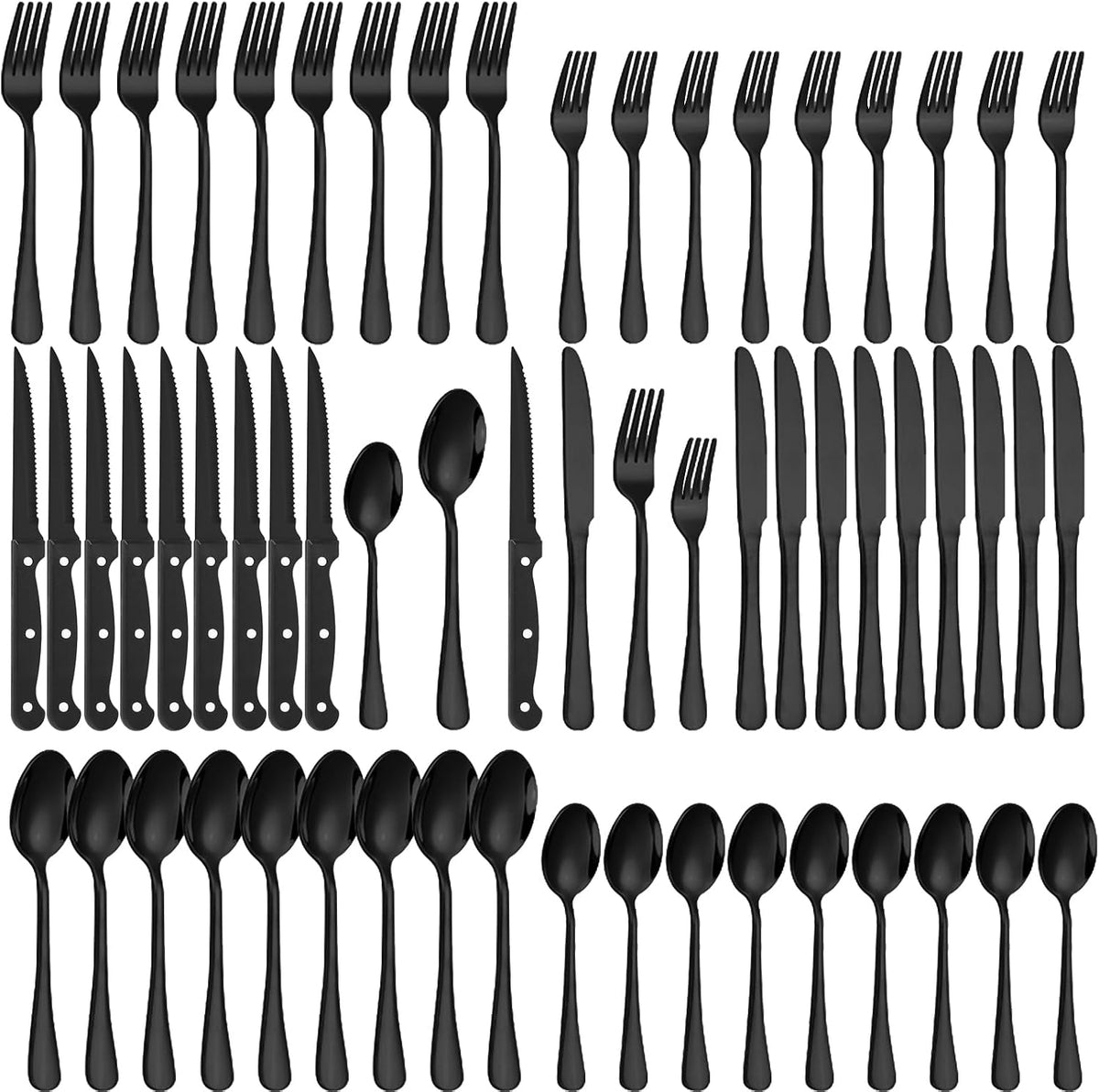 Lazycorner 60-Piece Black Silverware Set with Steak Knives Black Stainless Steel Flatware Set for 10 Food Grade Tableware Cutlery Set Rust-proof, Mirror Polished, Dishwasher Safe