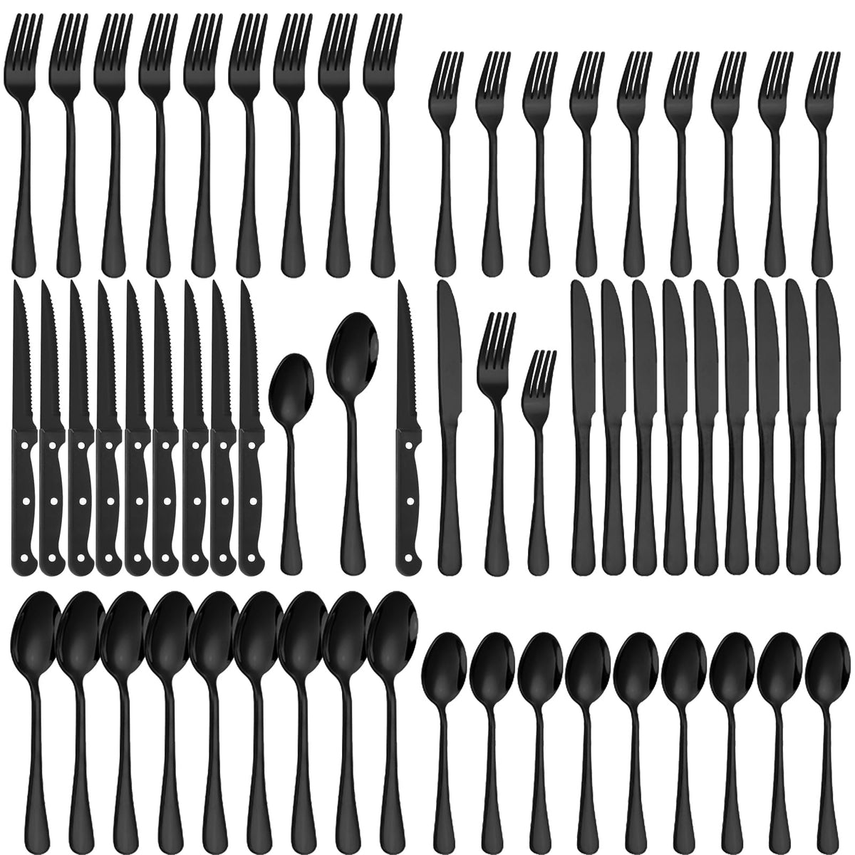 Lazycorner 60-Piece Black Silverware Set with Steak Knives Black Stainless Steel Flatware Set for 10 Food Grade Tableware Cutlery Set Rust-proof, Mirror Polished, Dishwasher Safe