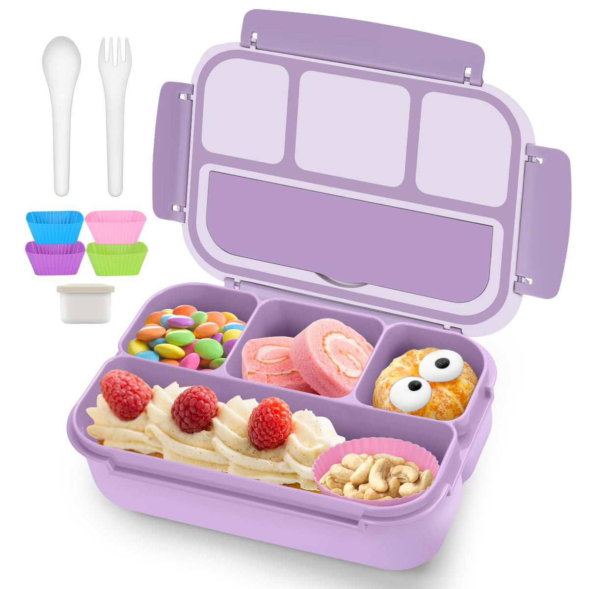 QQKO Bento Lunch Box for Kids Girls Boys, Toddler Kids Lunch Boxes for School, Lunch Containers for Adults with 4 Compartments, Sauce Container, Utensils, Food Picks and Muffin Cups, Purple