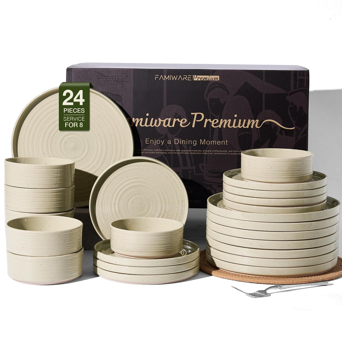 Stoneware Dinnerware Sets for 4, Reactive Glaze Plates & Bowls, Shell Beige