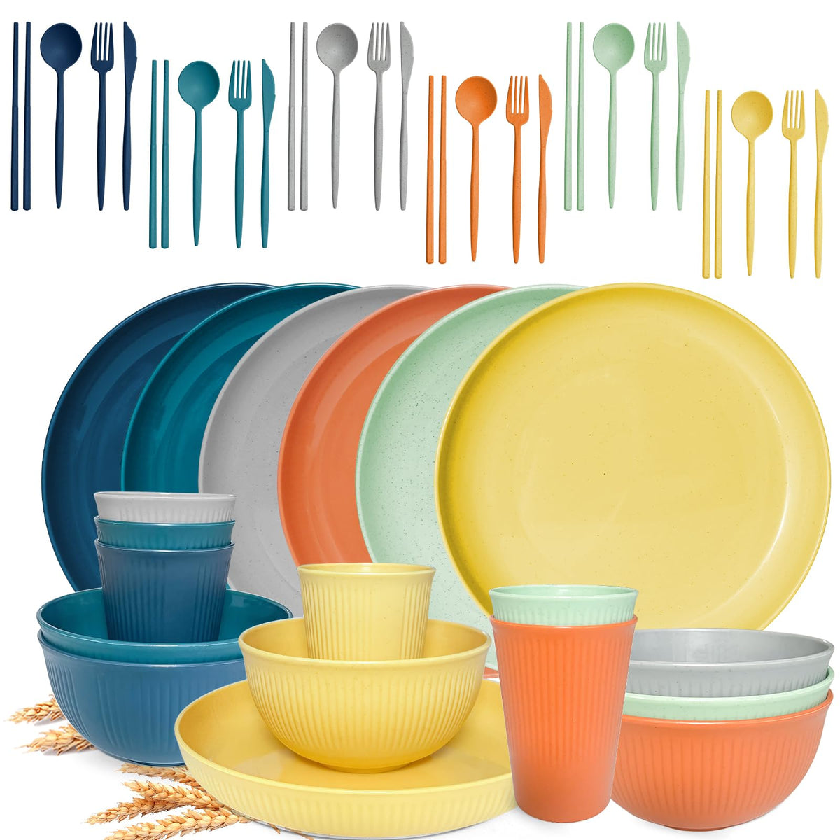 36 Pcs Wheat Straw Dinnerware Set,Dinnerware Sets for 6,Large Round Plates, Bowls and Cups, Unbreakable dish set, Dishwasher and Microwave Safe, Outdoor Camping Dishes (Black)