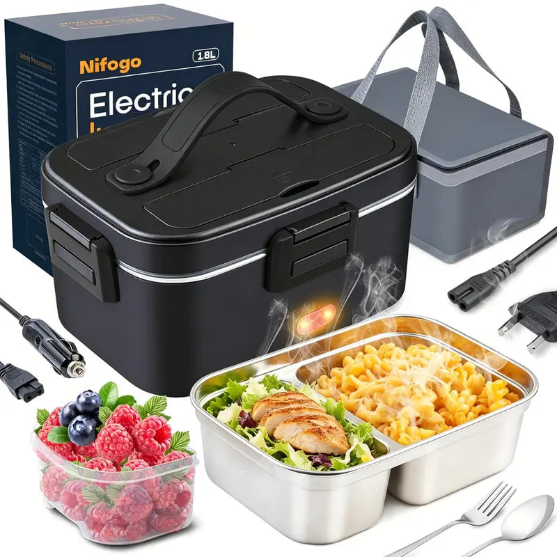100W Fast-Heating Thermal Lunch Box for Adults, Portable Plastic Insulated Lunch Box with Insulated Bag, 12V/24V Car & 110V Home Dual Use, Rainproof Plug Lonchera Electrica