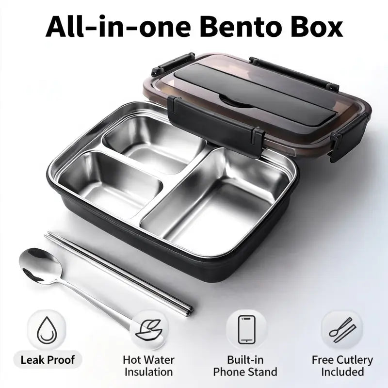 Geometric BPA-Free Personal Lunch Box - Aesthetic Compact for Backpacks Insulated Reusable Thermal Tableware, 3-Grid Steel & Silicone Set, Blue, Includes Spoon, Chopsticks, Snack Container, Ideal for School Kids