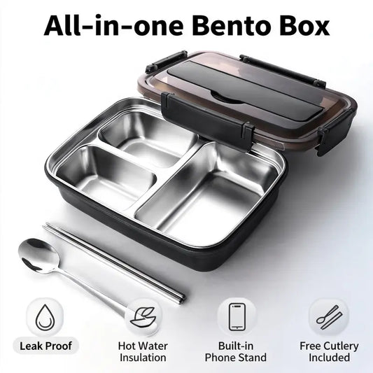 Geometric BPA-Free Personal Lunch Box - Aesthetic Compact for Backpacks Insulated Reusable Thermal Tableware, 3-Grid Steel & Silicone Set, Blue, Includes Spoon, Chopsticks, Snack Container, Ideal for School Kids