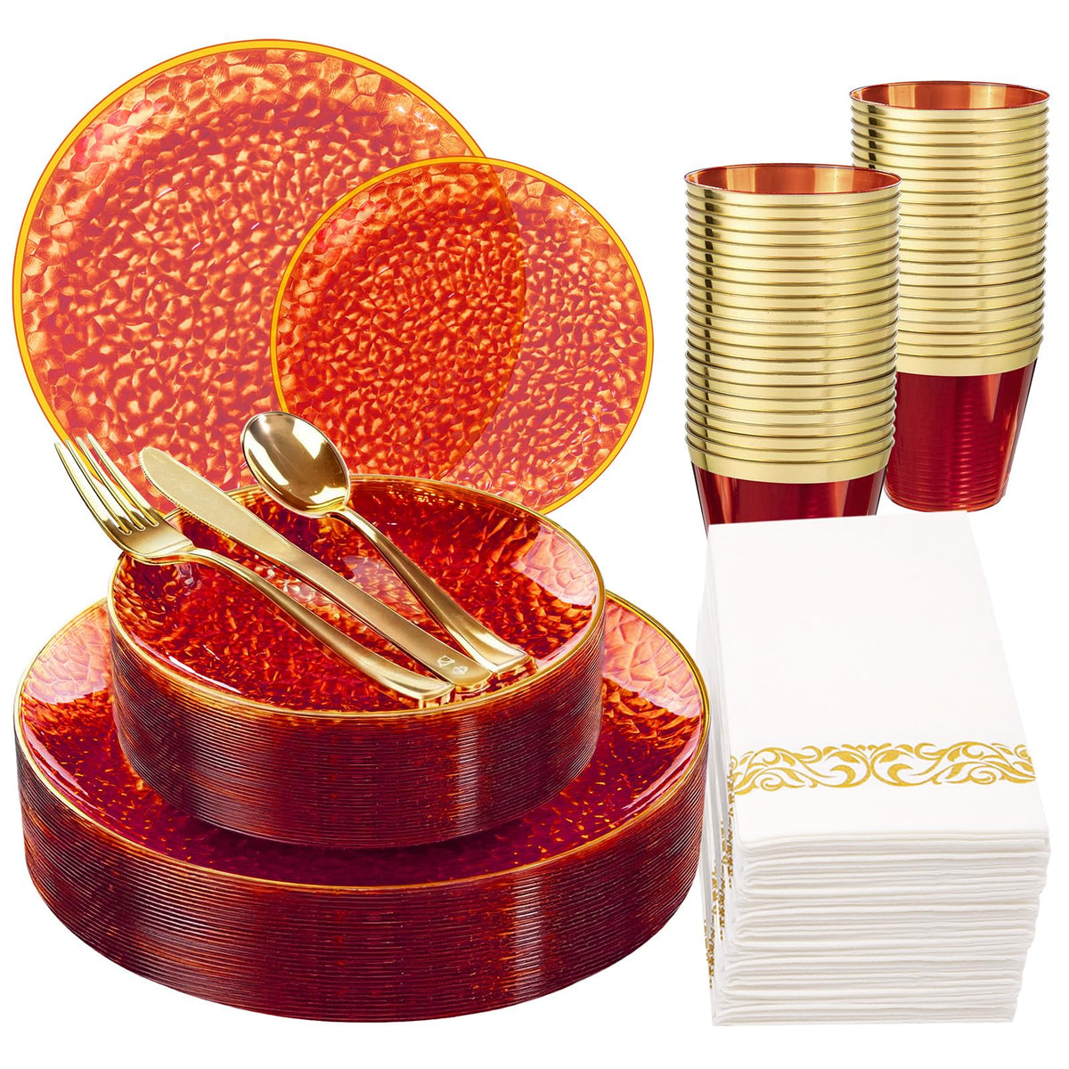 Rubtlamp 175 Pcs Plastic Dinnerware Set (25 Guests), Blue Disposable Plates With Gold Rim, Hammered Party Plates Set Include Dinner Platos, Dessert Platos, Cups, Cutlery And Napkins for Party