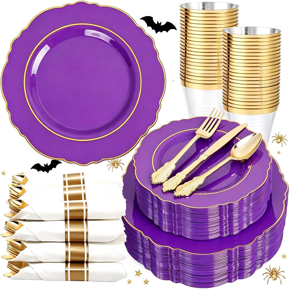 Liacere 350PCS Gold Plastic Plates-Disposable White and Gold Plates Baroque Plastic Dinnerware include 100Plates, 50Pack Pre Rolled Napkins with Silverware 50Cups for Wedding&Thanksgiving&Fall Party