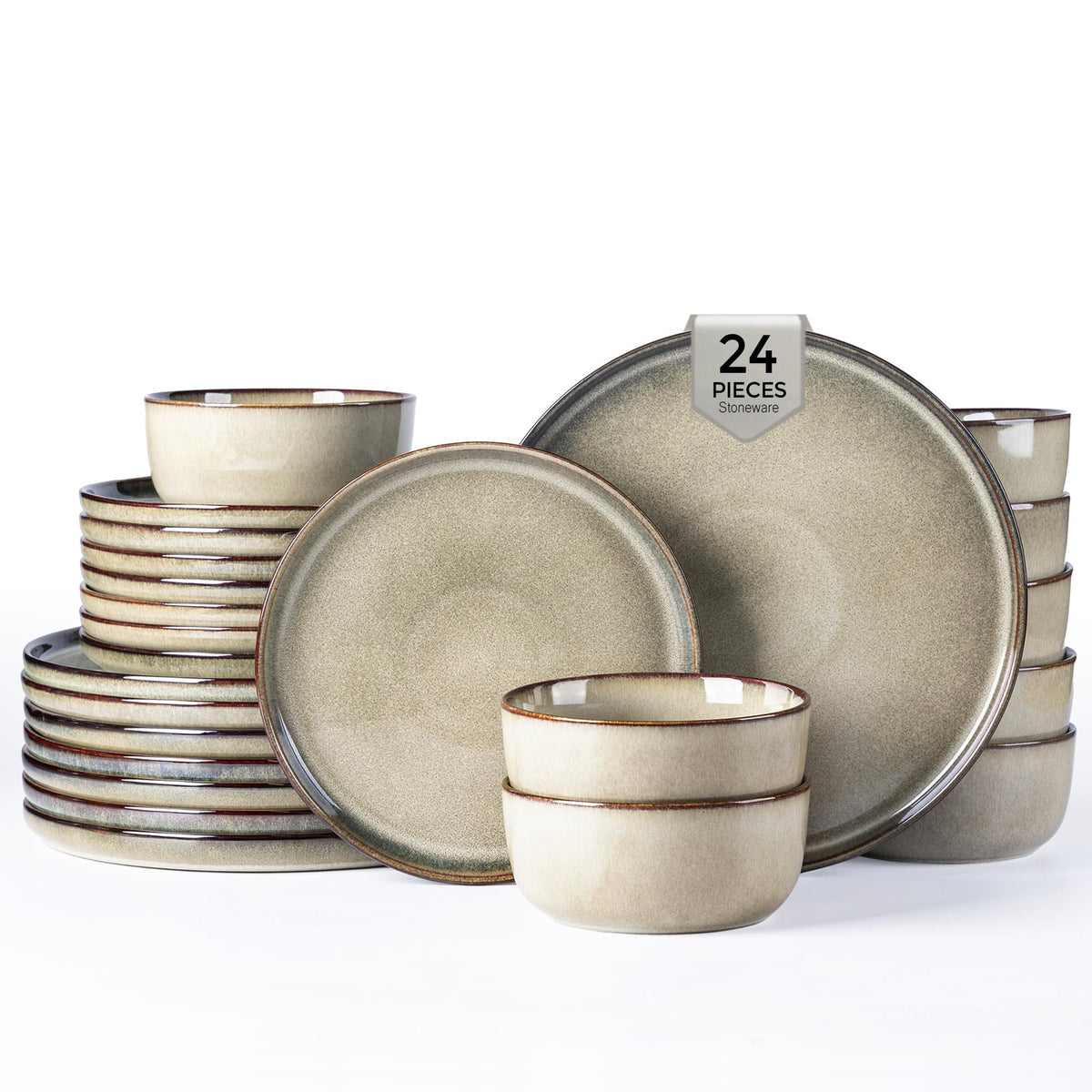 GBHOME Ceramic Dinnerware Sets for 8, 24 Pieces Stoneware Plates and Bowls Sets, Scratch Resistant Dishes, Dishwasher & Microwave Safe, Reactive Glaze-Green Wheat