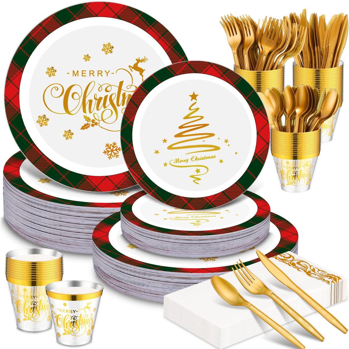 Layhit 175 Pcs Christmas Plastic Plates Dinnerware Set, Green Red