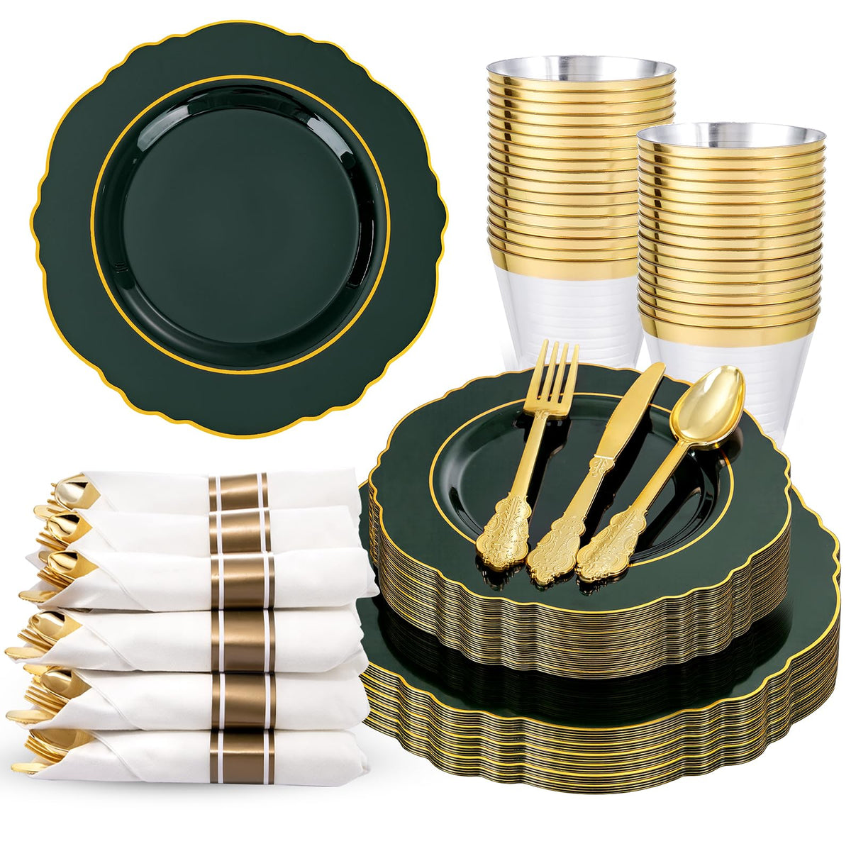Liacere 350PCS Gold Plastic Plates-Disposable White and Gold Plates Baroque Plastic Dinnerware include 100Plates, 50Pack Pre Rolled Napkins with Silverware 50Cups for Wedding&Thanksgiving&Fall Party