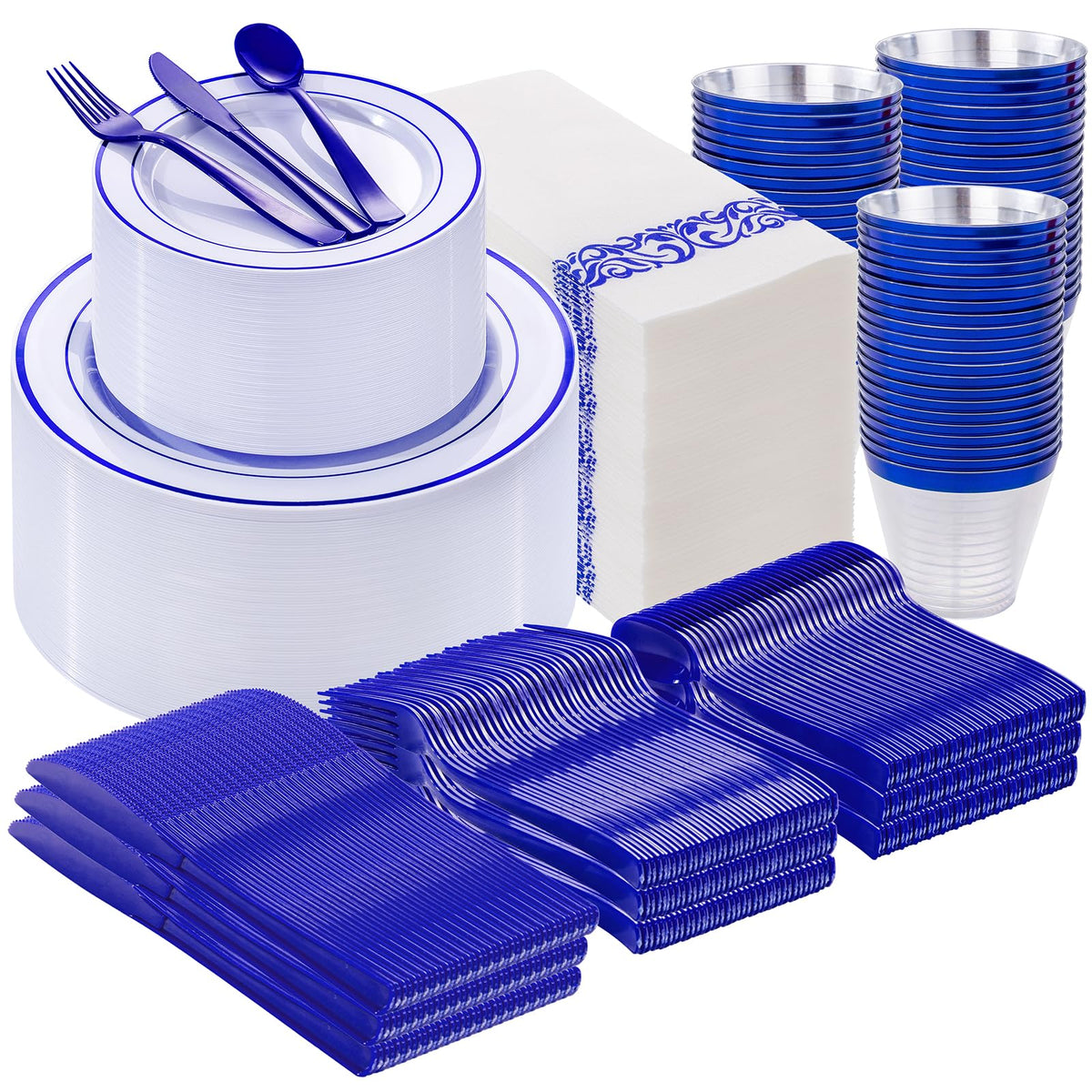 WELLIFE 50 Guests Dinnerware Sets, Gold Plastic Plates，Platos Para Fiestas Elegantes Desechables Include:50 Dinner Plates, 50 Dessert Plate, 150 Pcs Gold Plastic Silverware, 50 Cups for Party