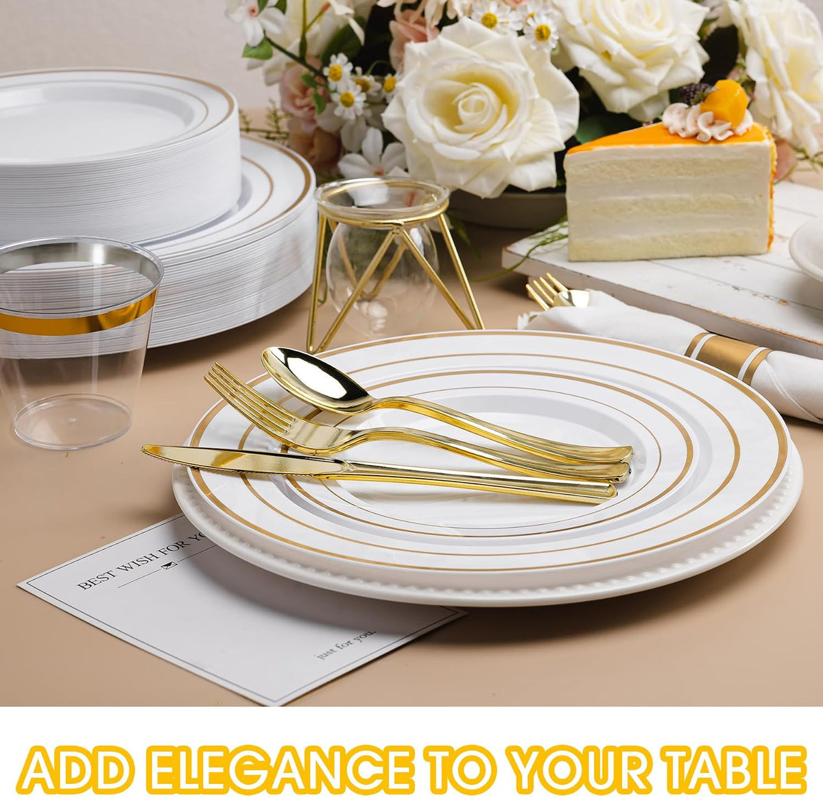 350 PCS White and Gold Plastic Dinnerware Set for 50 Guests