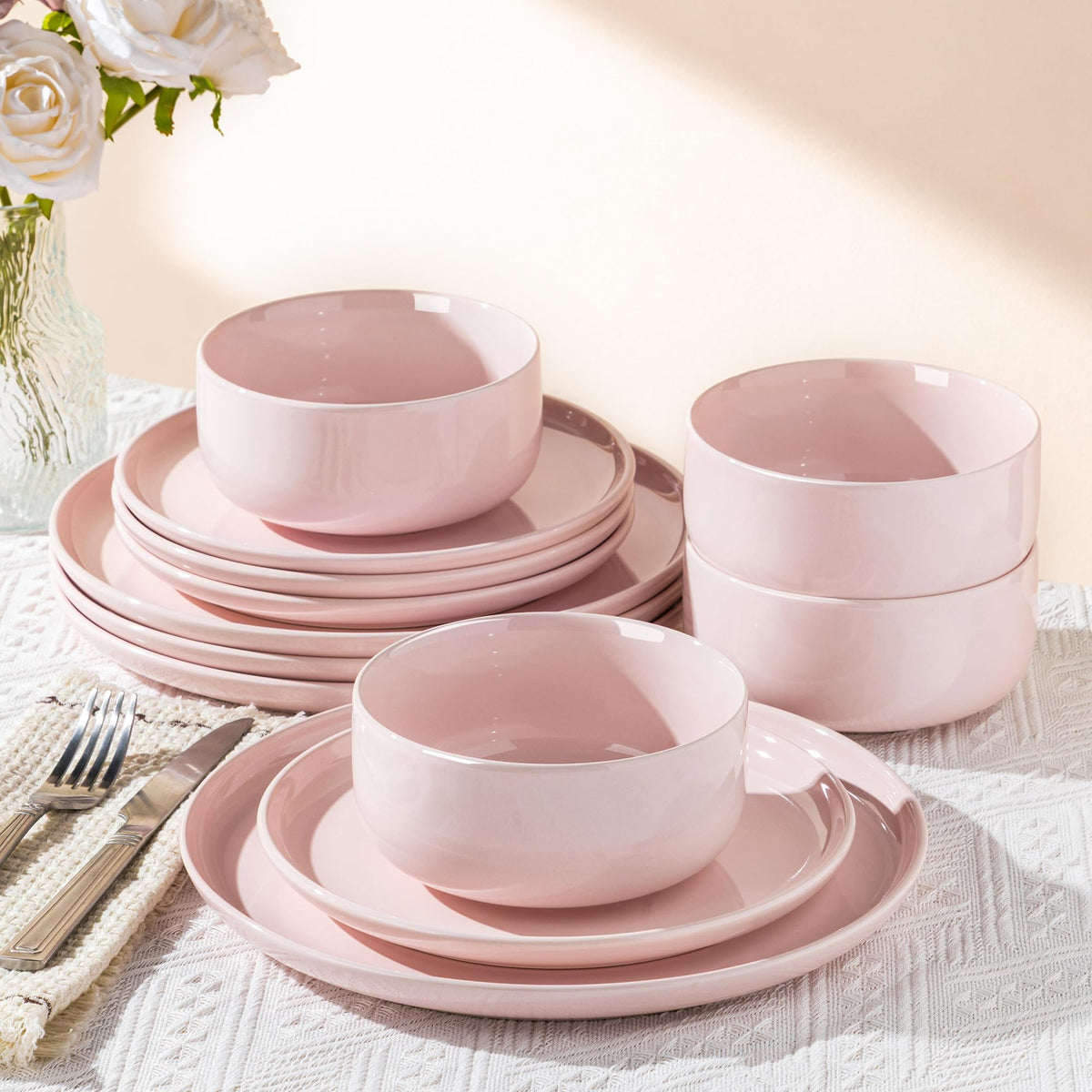 TheTerra Ceramic Dinnerware Set for 4, 12-Piece Plates and Bowls Set