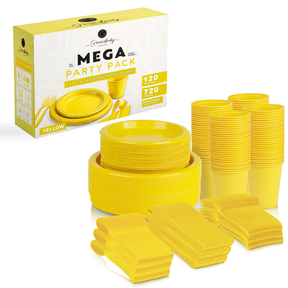 Grandipity Disposable Plastic Dinnerware Sets for Parties (720 pcs)