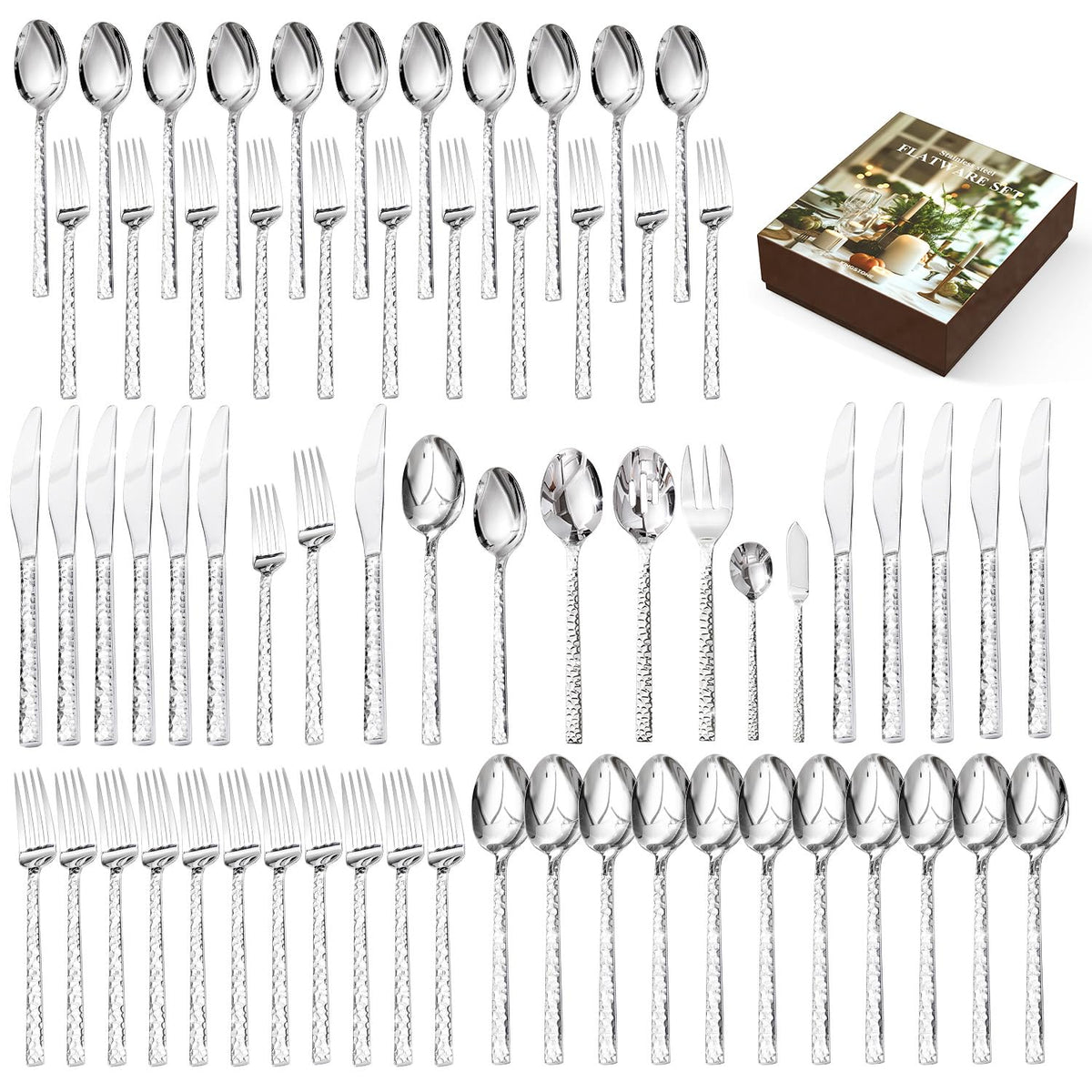 20 Piece Hammered Silverware Set, 18/10 Stainless Steel Flatware Set for 4