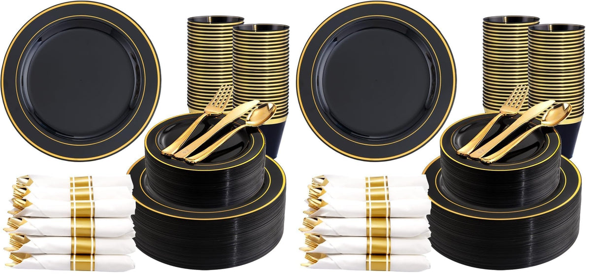 WDF Partyware 350Piece Gold Dinnerware Set for 50 Guests - Gold Plastic Plates with Disposable Cutlery - 50Dinner Plates-50Dessert Plates-50Pre Rolled Napkins with Silverware for Wedding/Thanksgiving