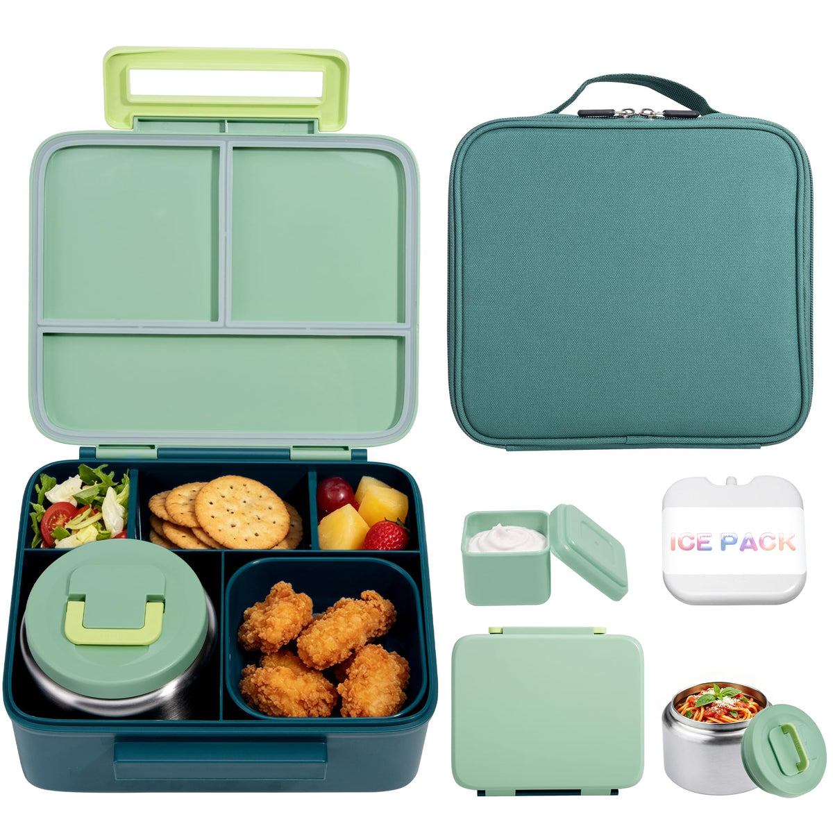 Bento Lunch Box for Kids with 8oz Soup Thermo Leak-Proof Lunch Food Containers with Snack Sauce Container for Kid Girls Boys to School,Blue Bag