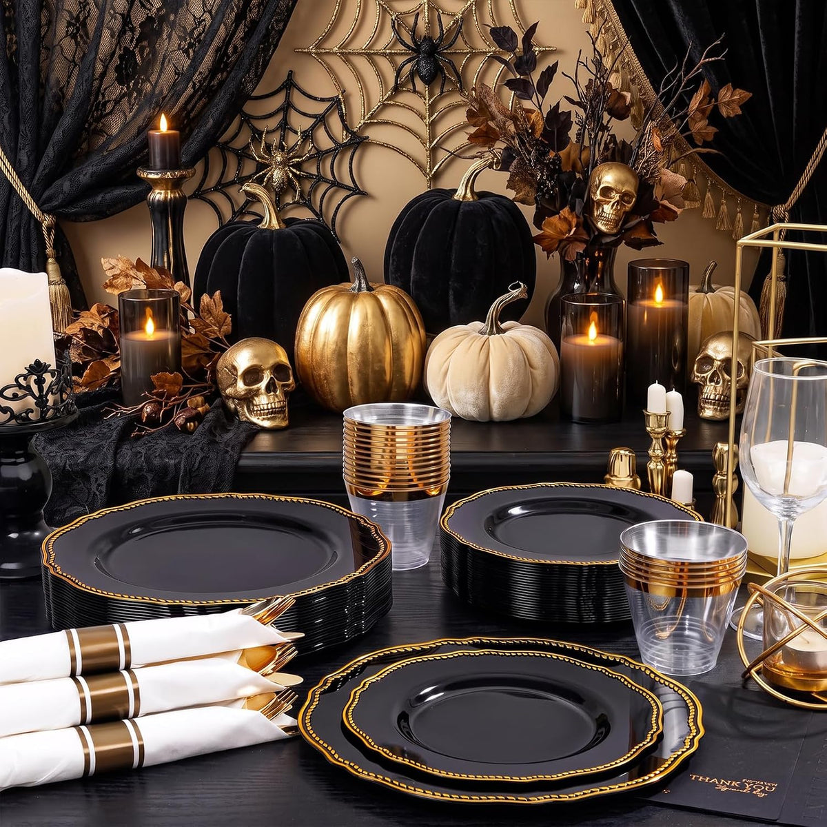 Hioasis 175 Pcs Black and Gold Plastic Plates Wedding & Party
