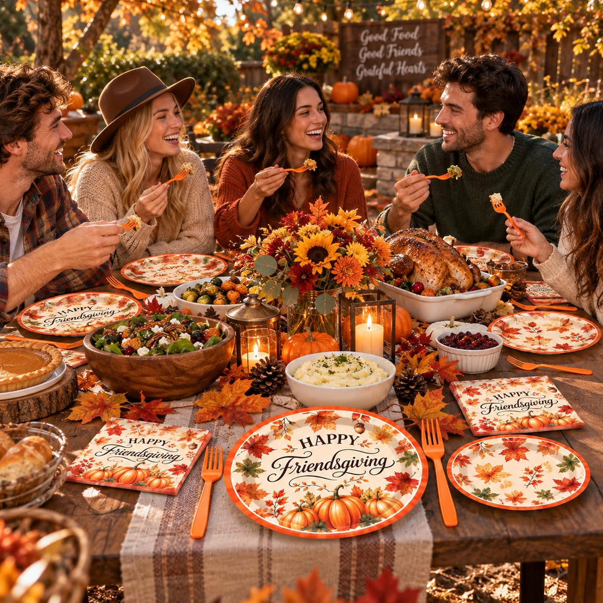100 Pieces Happy Friendsgiving Tableware Set, Maple Leaf Pumpkin Paper Plates, Napkins, and Plastic Forks for Thanksgiving Dinner, Fall Harvest Autumn Family Gathering, Friendsgiving Table Decorations