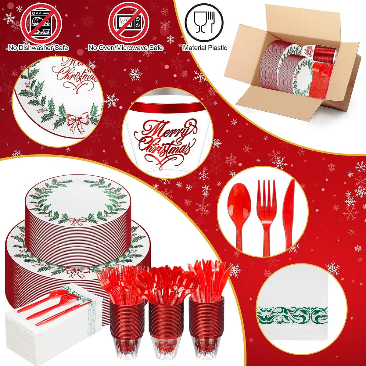 Layhit 175 Pcs Christmas Plastic Plates Dinnerware Set, Green Red