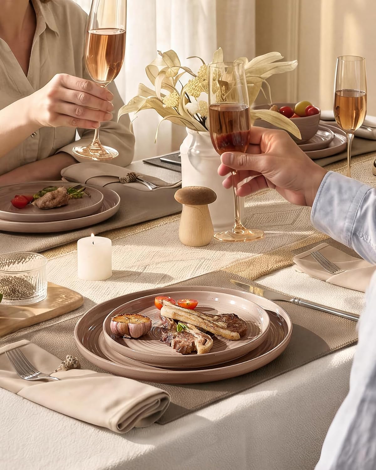 Stoneware Dinnerware Sets for 6, Plates and Bowls, Brown