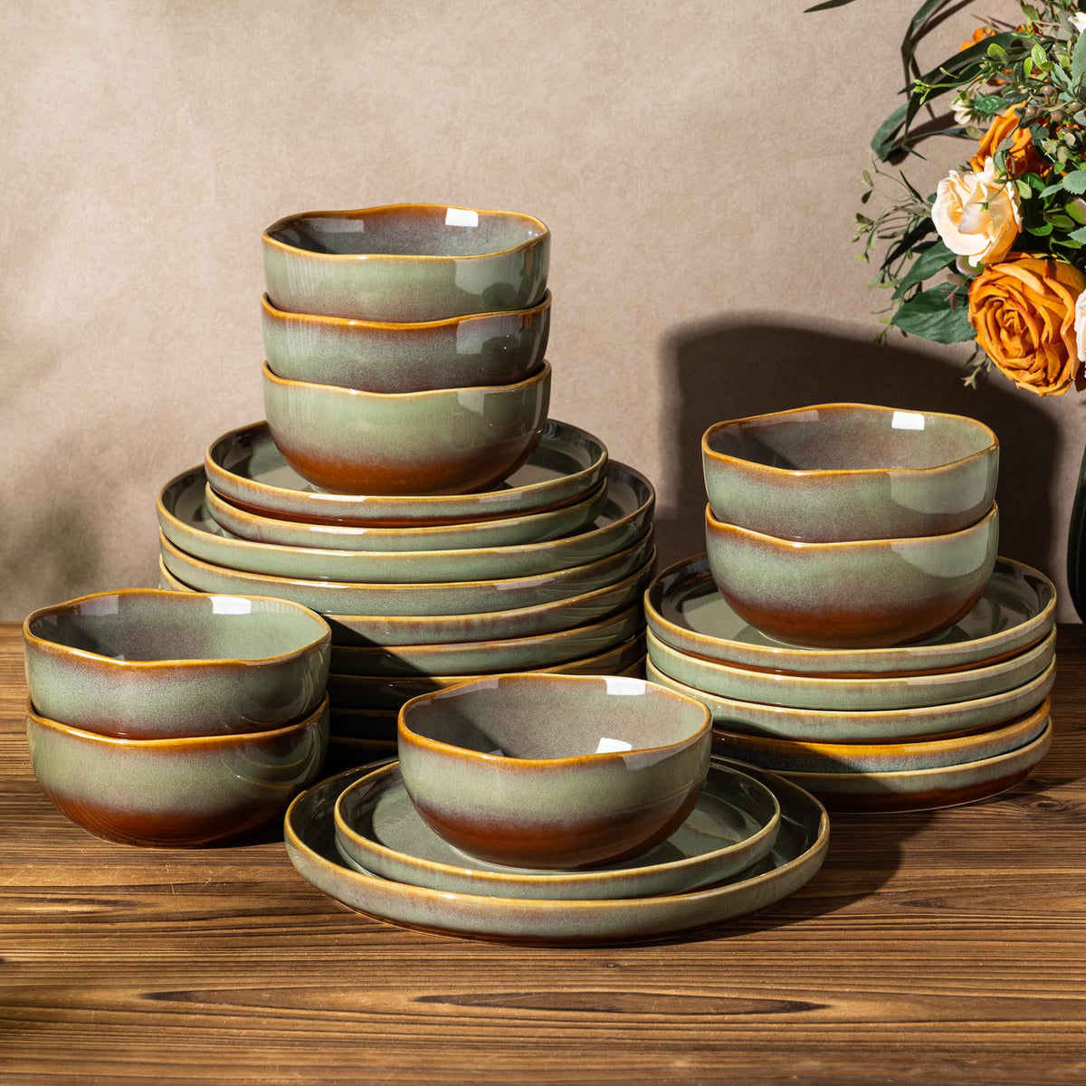 TheTerra Ceramic Dinnerware Set for 4, 12-Piece Plates and Bowls Set