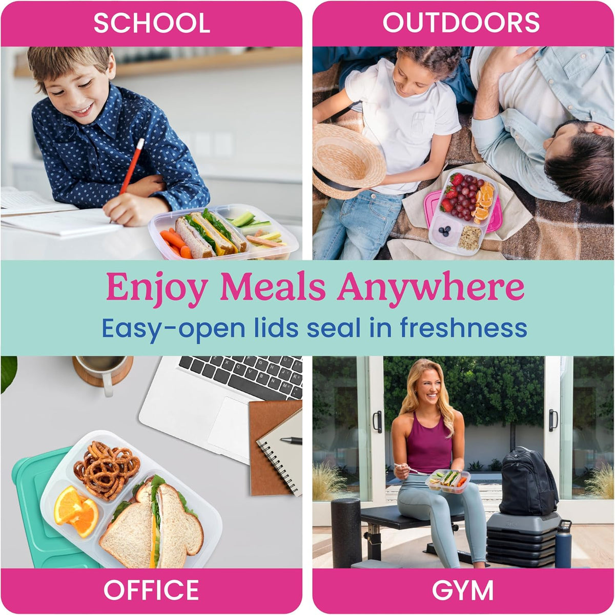 Bentgo Easyboxes - Original Stackable Lunch Boxes - Reusable 3-Compartment Food Containers for Kids and Adults - Bento Lunch Box for Meal Prep, School, & Work - BPA Free, Set of 4 (Brights)