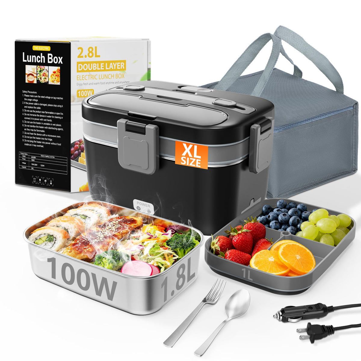 Electric Lunch Box for Adults, 2.8L Double Layer Heated LunchBox