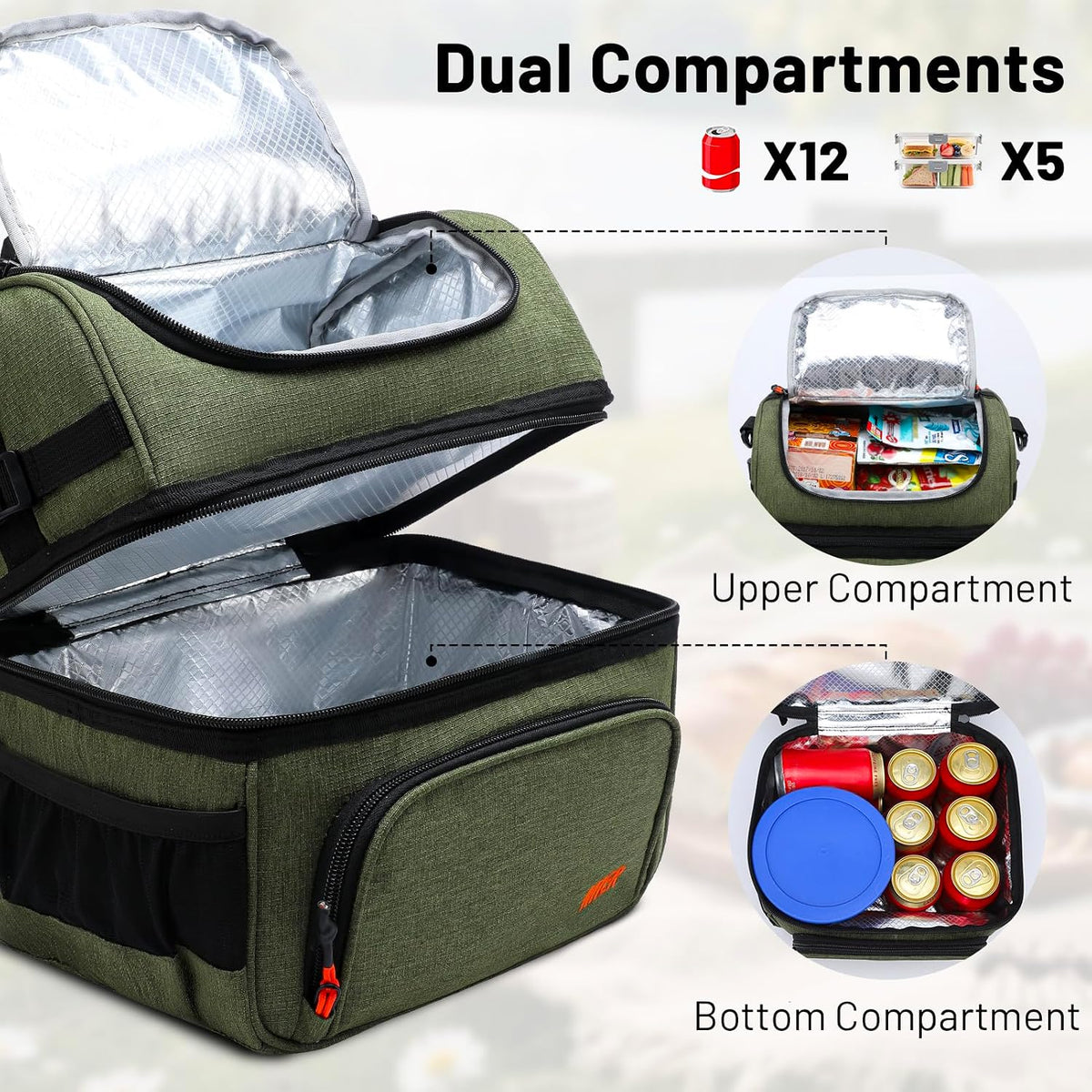 MIER Lunch Box for Men Dual Compartment Adult Lunch Bag for Work Army Green