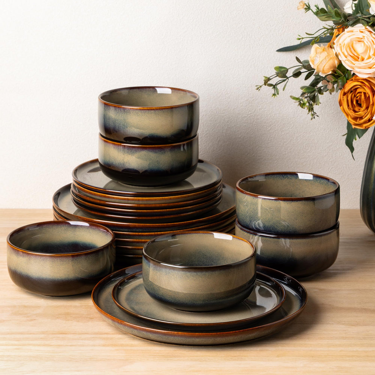 TheTerra Ceramic Dinnerware Set for 4, 12-Piece Plates and Bowls Set