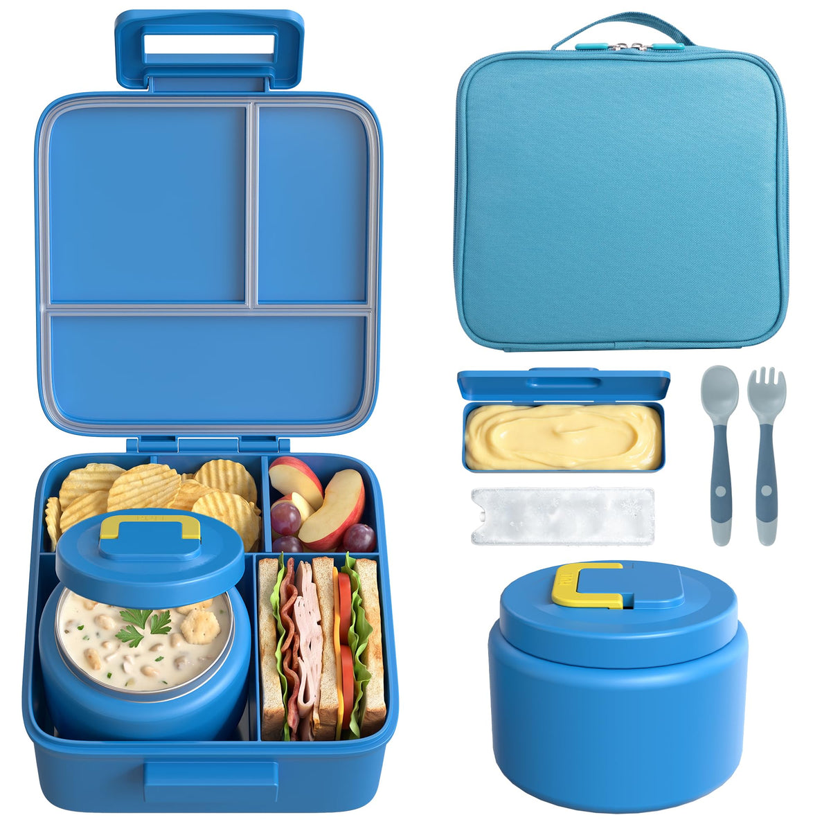 MAISON HUIS Bento Lunch Box with 8oz Soup Thermo and Insulated Lunch Bag, Kids Leakproof Lunch Food Containers with 5 Compartment, Boys Girls Thermo Hot Food Jar for Travel, School, BPA Free (Black)
