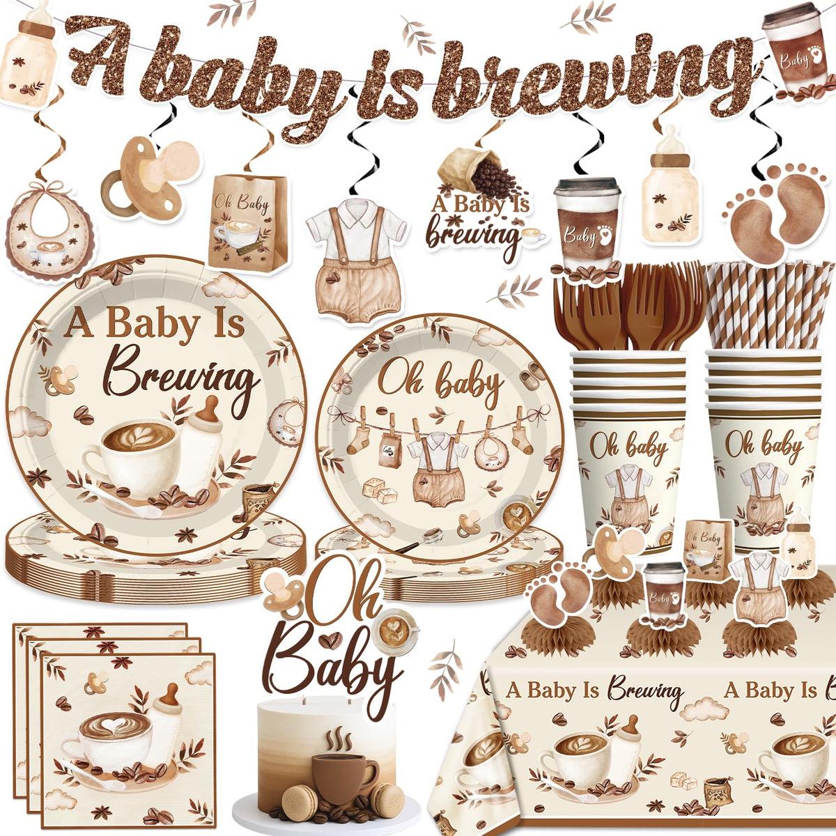343PCS Xynic Classic Bear Baby Shower Decorations Tableware Set, 50 Guests