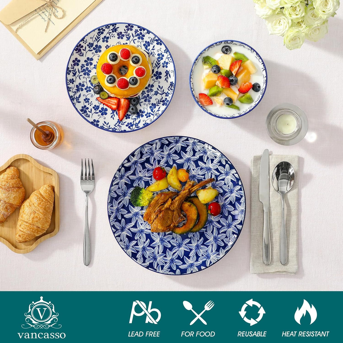 vancasso SELENE Plates and Bowls Set for 6, 18 Pieces Dinnerware Sets, Mircowave and Dishwasher Safe Dishes Set, Porcelain Blue Dinnerware