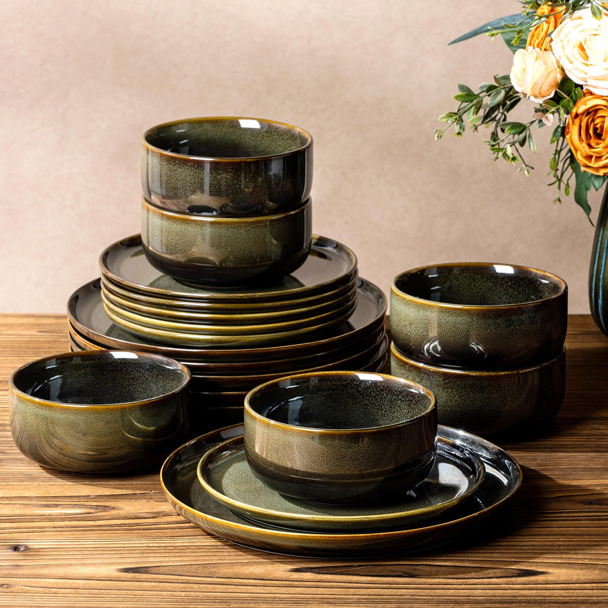 TheTerra Ceramic Dinnerware Set for 4, 12-Piece Plates and Bowls Set