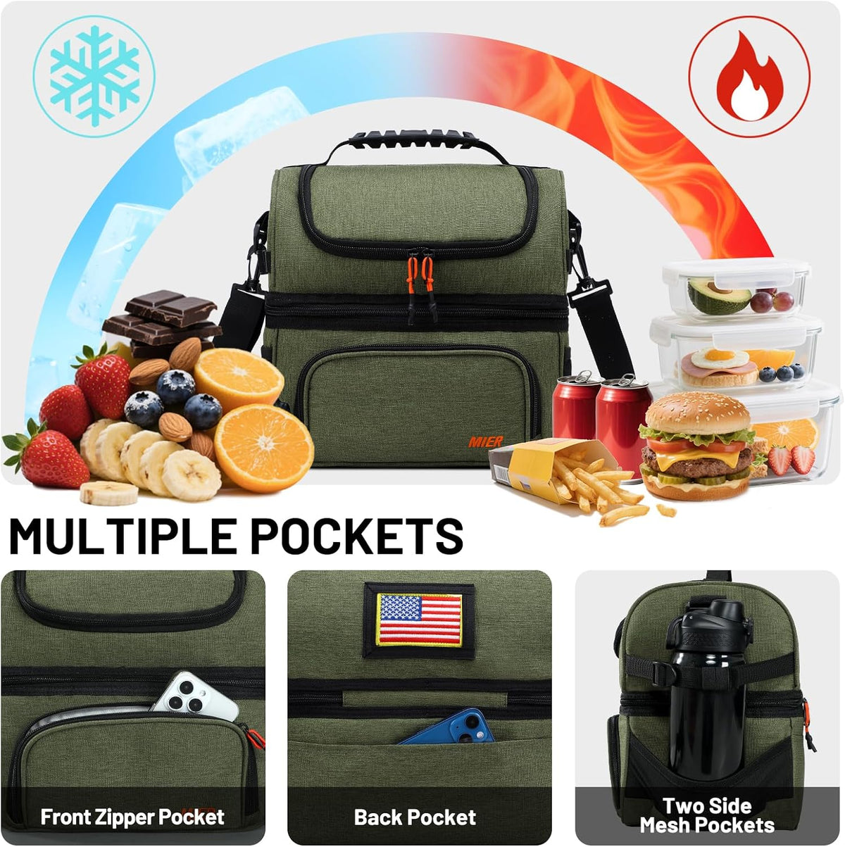 MIER Lunch Box for Men Dual Compartment Adult Lunch Bag for Work Army Green