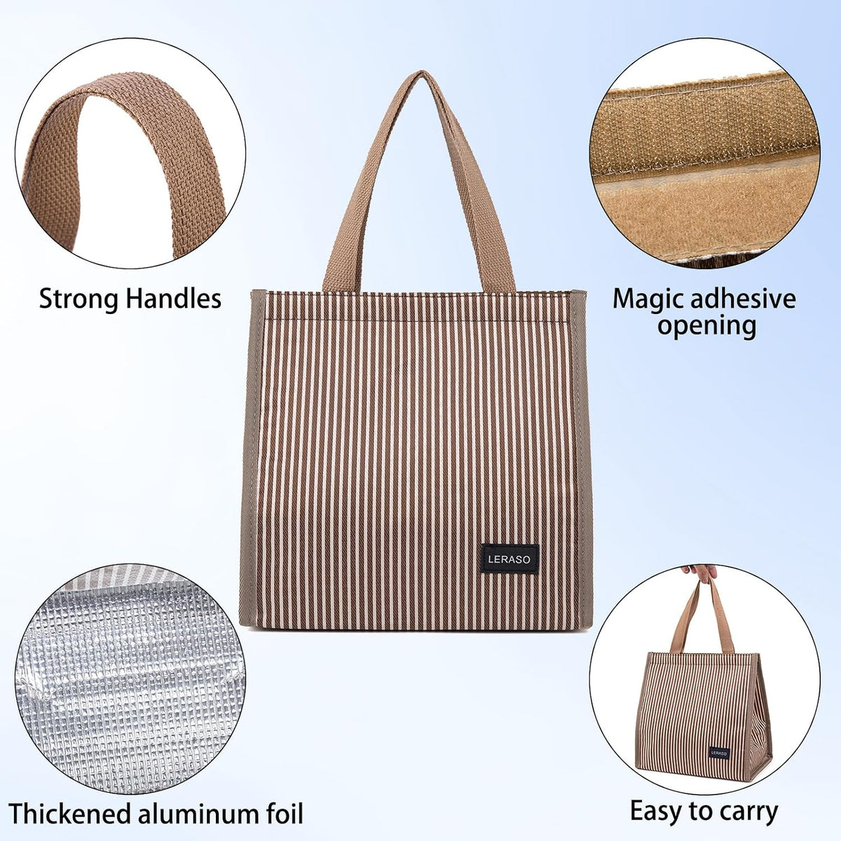 Insulated Lunch Bag for Work, 10.2"x5.9"x10.2" Oxford Waterproof Lunch Tote, Thermal Lunch Box for Office, Picnic & Outdoor, Pink and White Striped Canvas Tote Bag