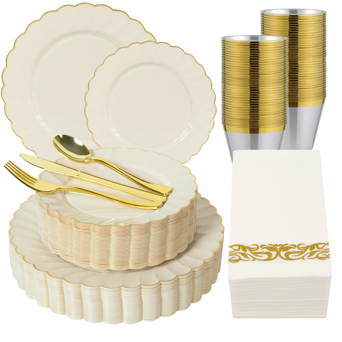 200 PCS Baroque Clear Gold Dinnerware Set for 25 Guests,Gold Rimmed Heavy Duty Plastic Disposable Plates for Party Wedding with Napkins,25Dinner Plates,Dessert Plates,Spoons,Forks,Knives,Cups