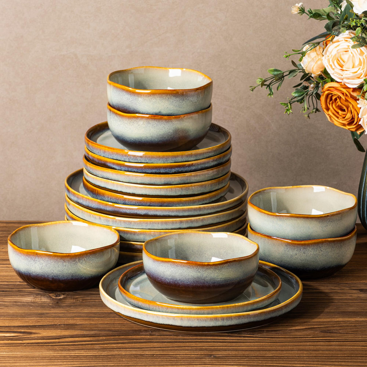 TheTerra Ceramic Dinnerware Set for 4, 12-Piece Plates and Bowls Set