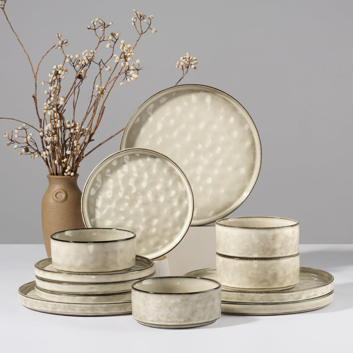 HaWare Dinnerware Sets, 12-Piece Plates and Bowls Set, Speckled White