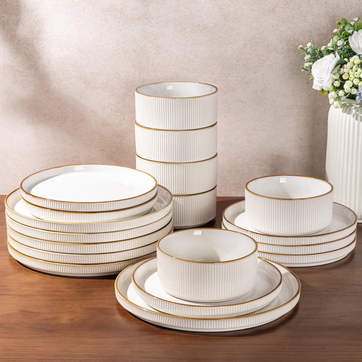 GBHOME Stoneware Dinnerware Sets for 4,12-Piece Plates and Bowls Set