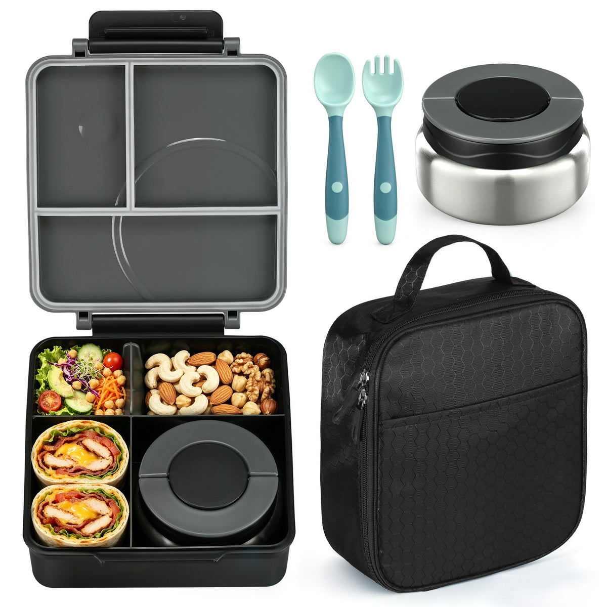 Bento Lunch Box Set for Kids with 8oz Soup Thermo, Leak-Proof Lunch Containers with 4 Compartment, Kids Thermo Hot Food Jar and Insulated Lunch Bag for Kid to School-Black