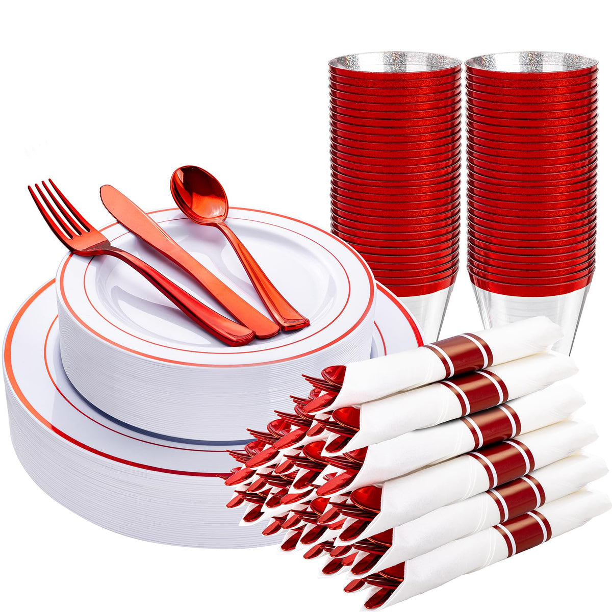 WELLIFE Disposable Plates & Gold Silverware Set, 350 Pieces for 50 Guests