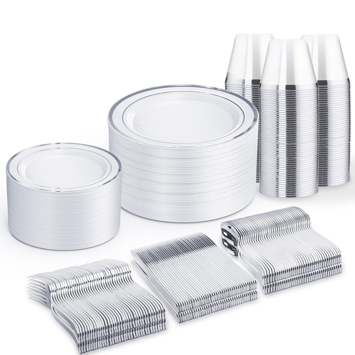 WELLIFE 600 PCS Silver Disposable Dinnerware Set for 100 Guests