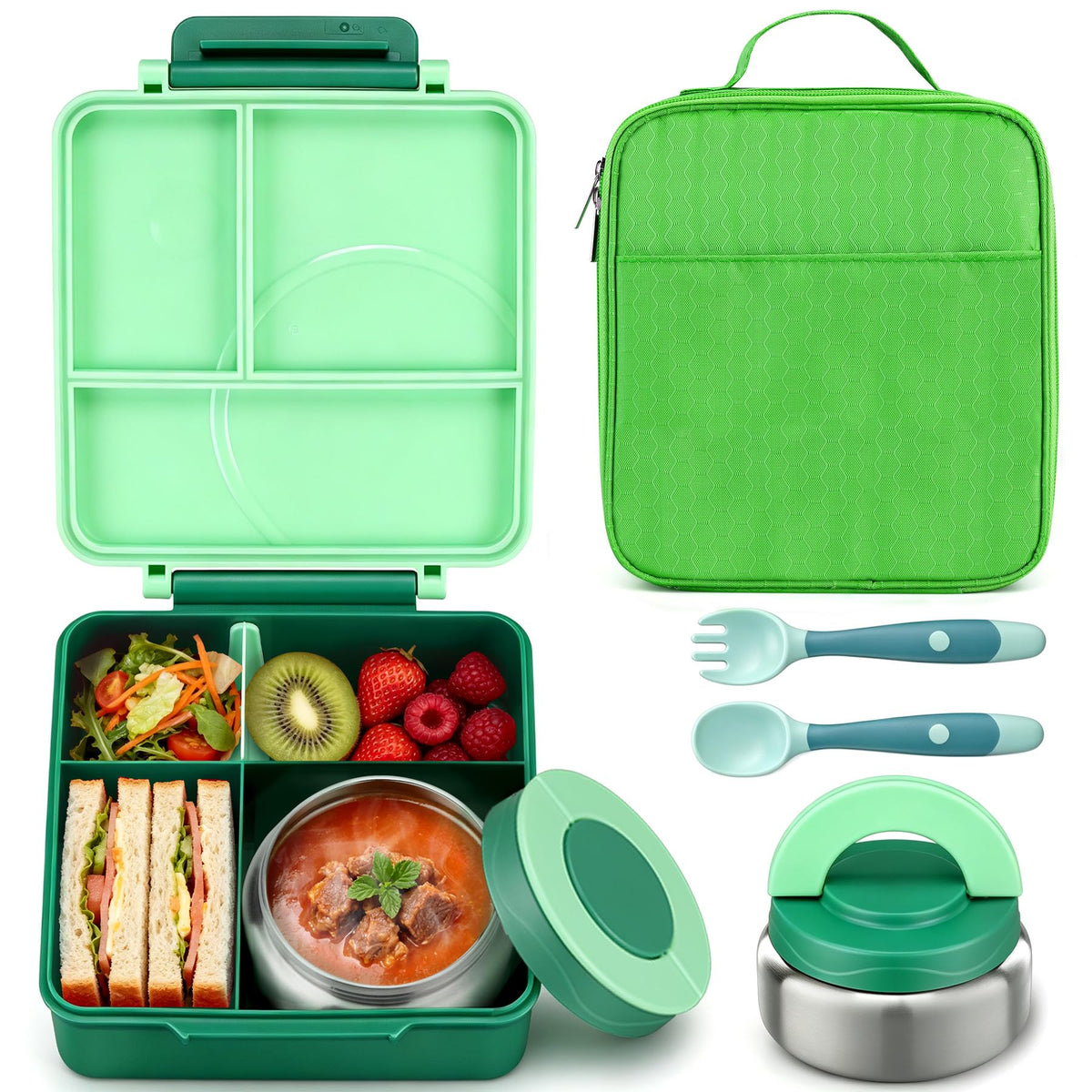 Itslife Bento Lunch Box for Kids with 8oz Soup Thermo&Lunch Bag, Leak-Proof Lunch Food Containers with 4 Compartment, Hot Food Insulated Food Jar for Kids School (Black)