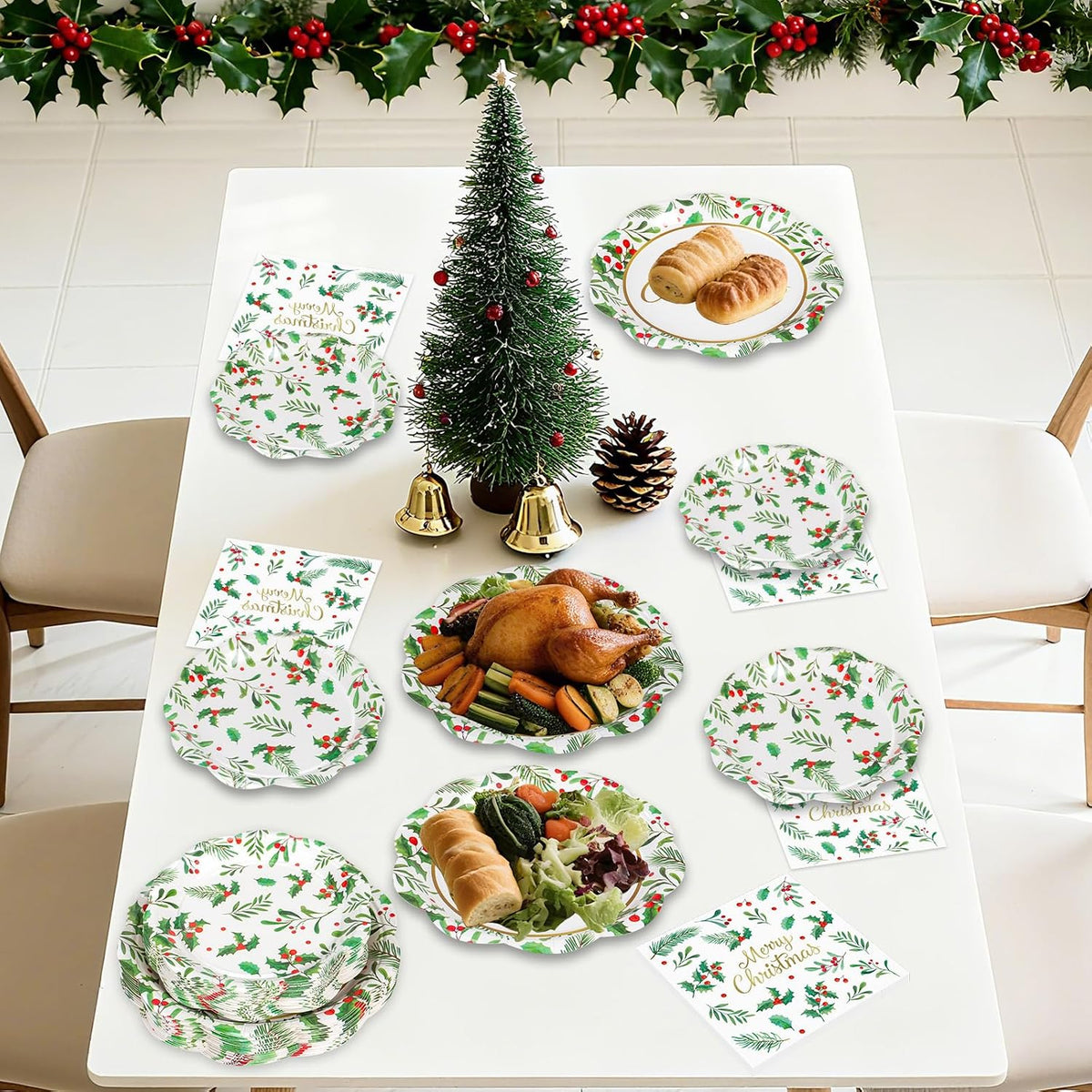 150 Pcs Merry Christmas Plates and Napkins - Disposable Christmas Paper Plates and Napkins, Holly Leaves Red Berries Tableware Sets for Winter Xmas Party Table Decorations Supplies Favors, Serve 50
