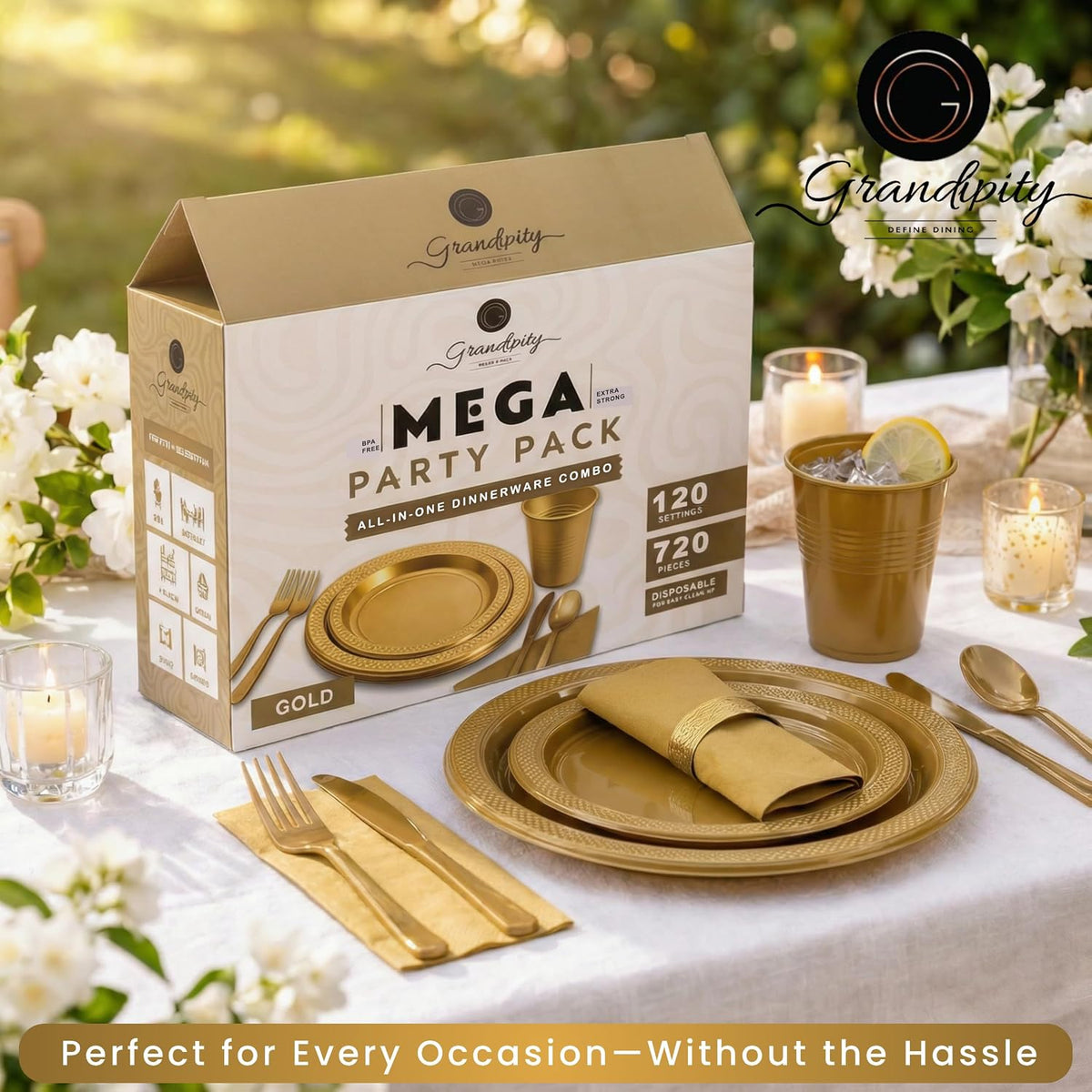 Grandipity Disposable Plastic Dinnerware Sets for Parties (720 pcs)