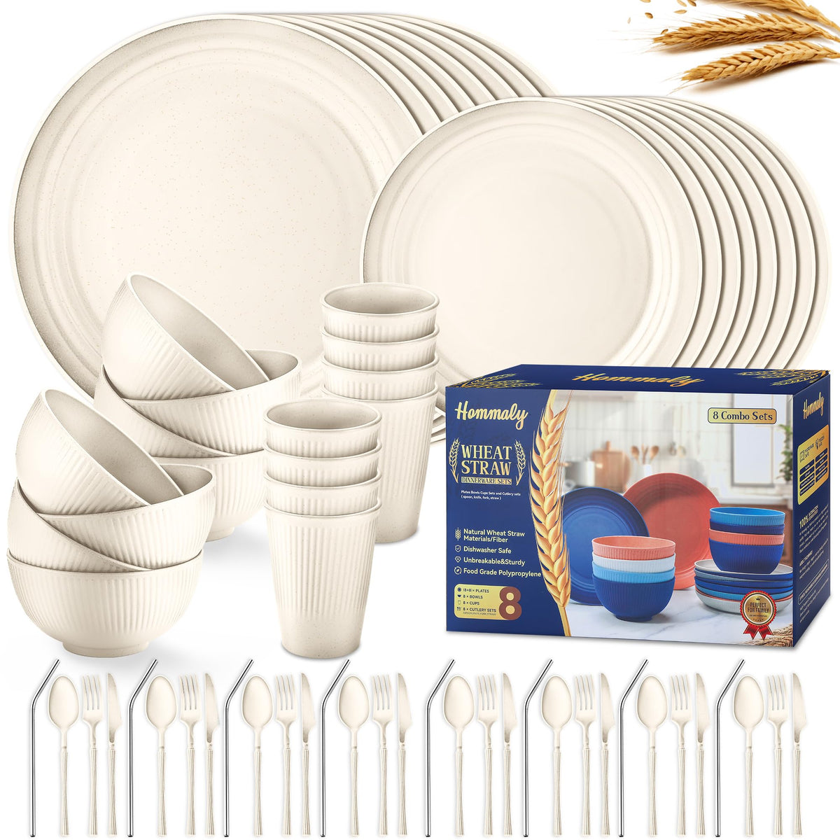 Wheat Straw Dinnerware Sets,64-Piece Black Plates and Bowls Sets for 8-Unbreakable,Reusable Plastic Dish Set-Dinner Plate/Dessert Plate/Cereal Bowl/Cup/Utensils-Microwavable Dishwasher Safe 64P-BLACK