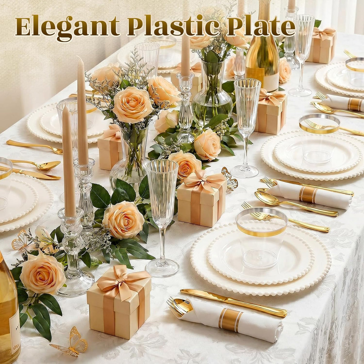 175pcs Plastic Dinnerware Set Ivory 25 Guests for Wedding