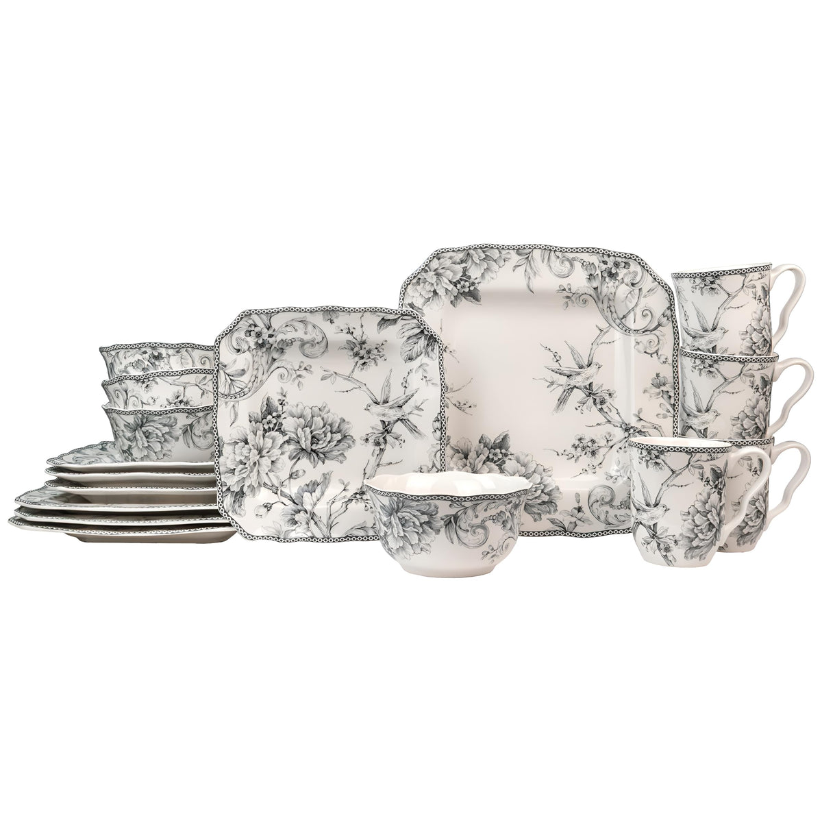 222 Fifth Adelaide Grey 16-Piece Floral Porcelain Dinnerware Set | Microwave and Dishwasher Safe Dining Set for 4 | Stackable and Chip-Resistant Plates Bowls and Cups | Gift for Housewarming & Wedding